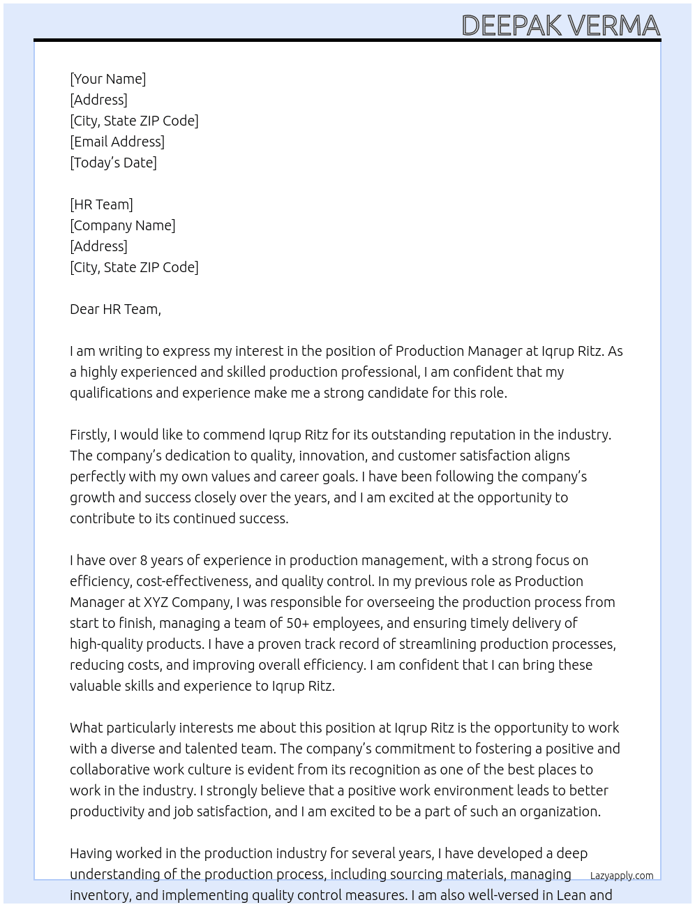 Production manager At Iqrup Ritz Cover Letter