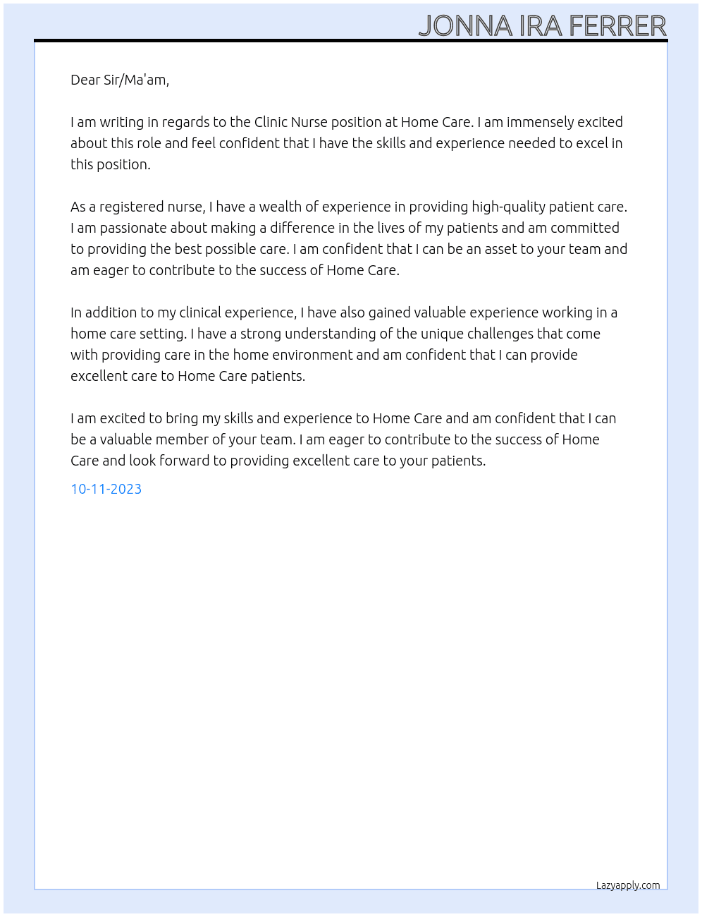Clinic Nurse At Home Care Cover Letter