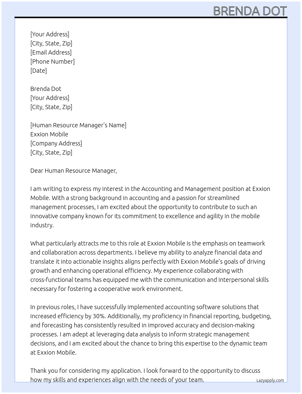 ACCOUNTING AN DMANAGEMENT At exxion mobile Cover Letter