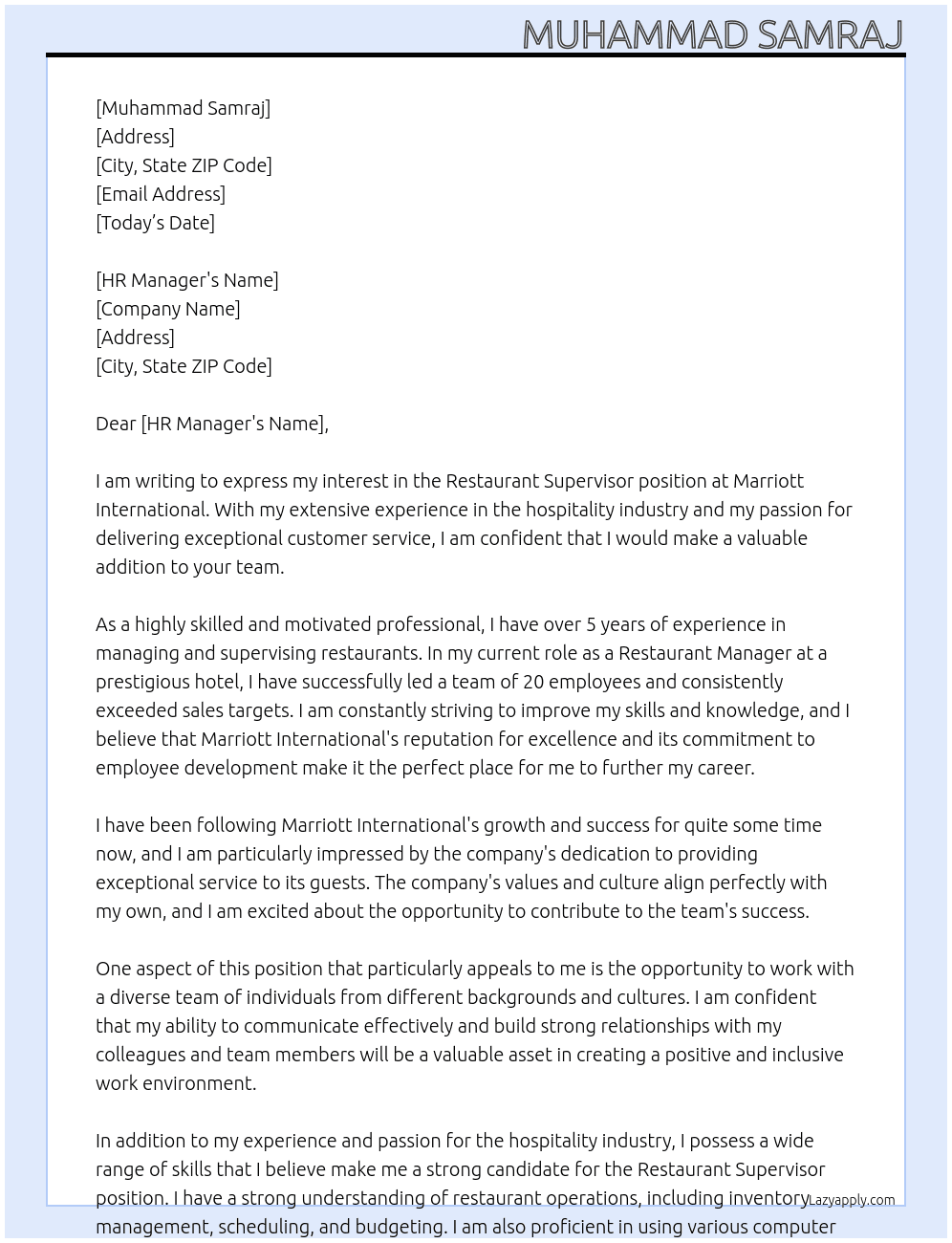 Restaurant Supervisor At Marriott International Cover Letter