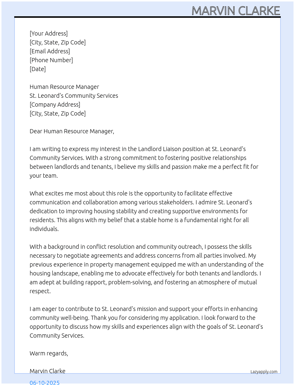 Landlord Liaison At St. Leonard's Community Services Cover Letter