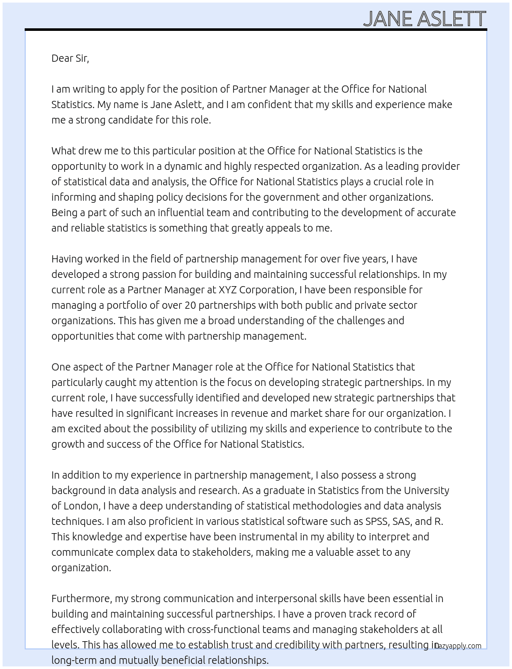 partner manager At office for national statistics  Cover Letter