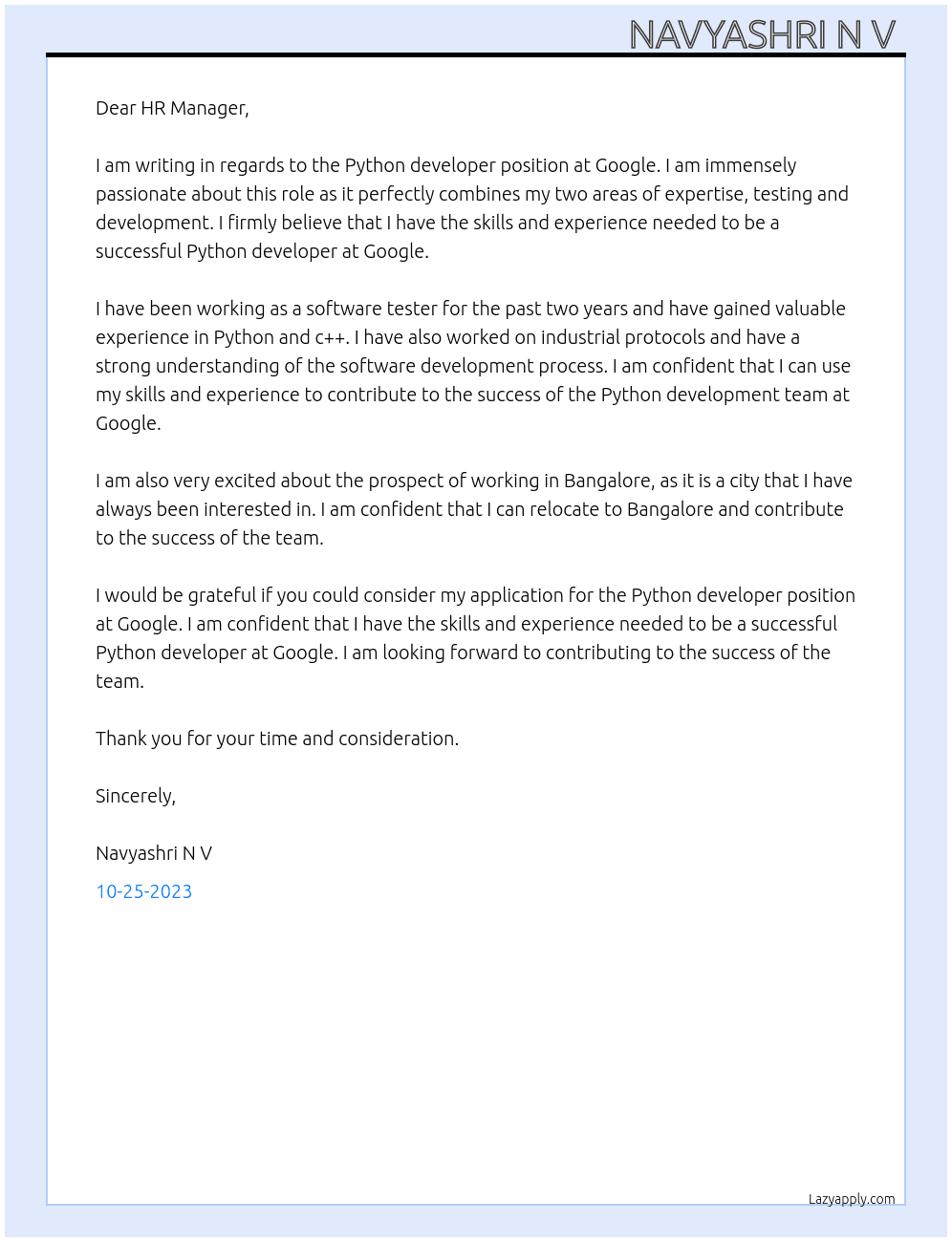 Python developer  At Google  Cover Letter