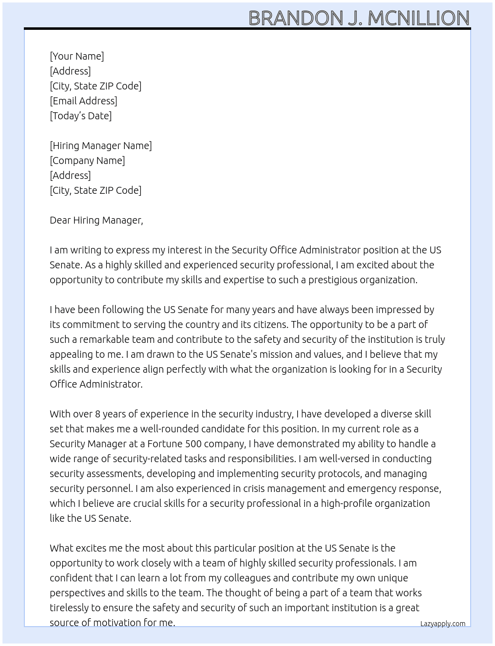 Security Office Administrator At US Senate Cover Letter