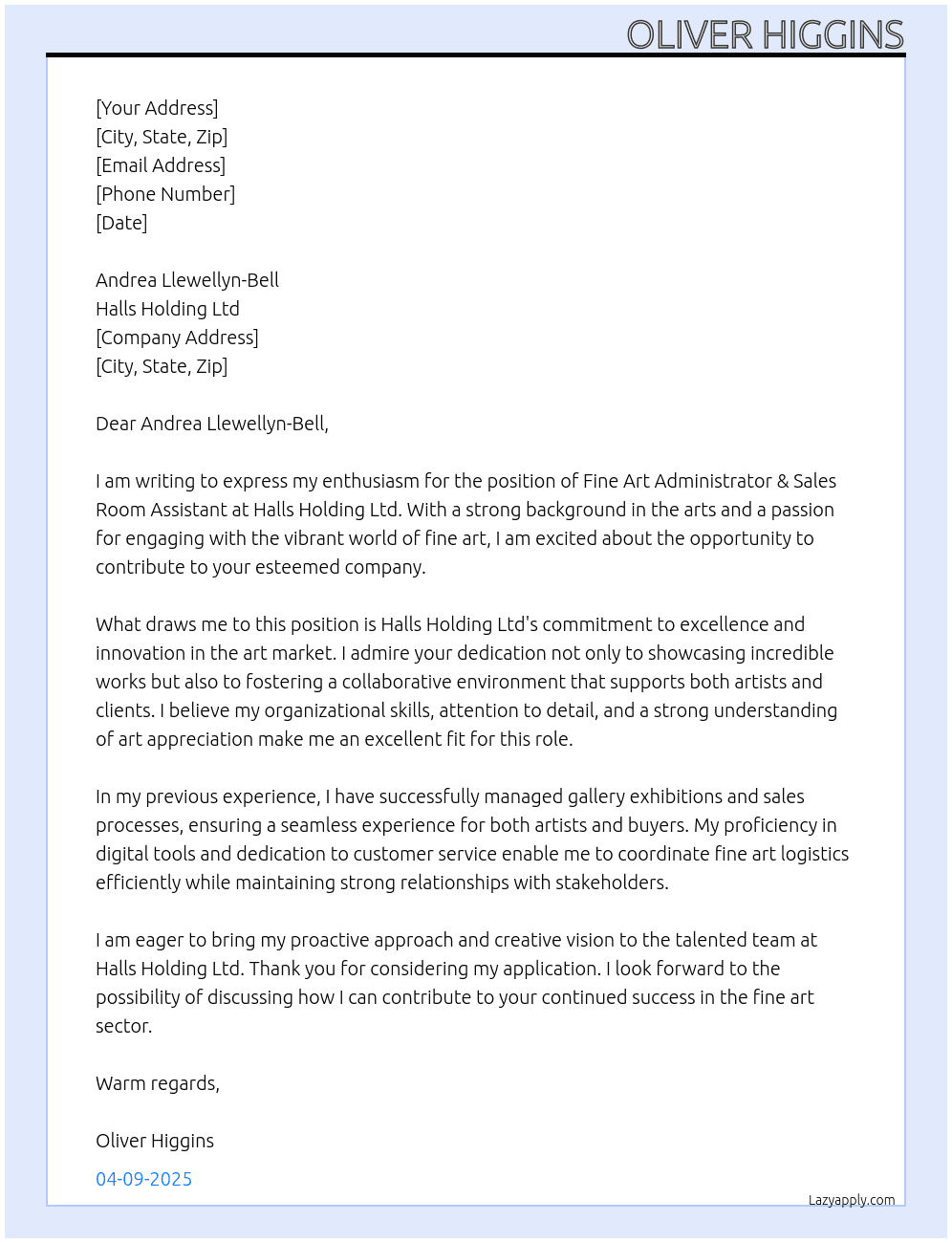 Fine Art Administrator & Sales Room Assistant At Halls Holding Ltd Cover Letter