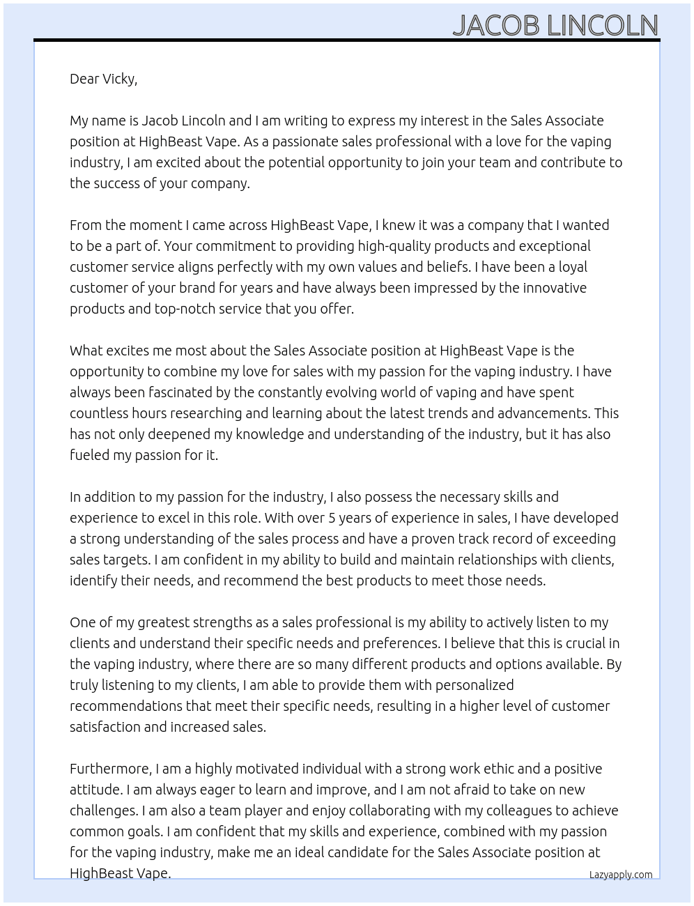 Sales Associate At HighBeast Vape Cover Letter