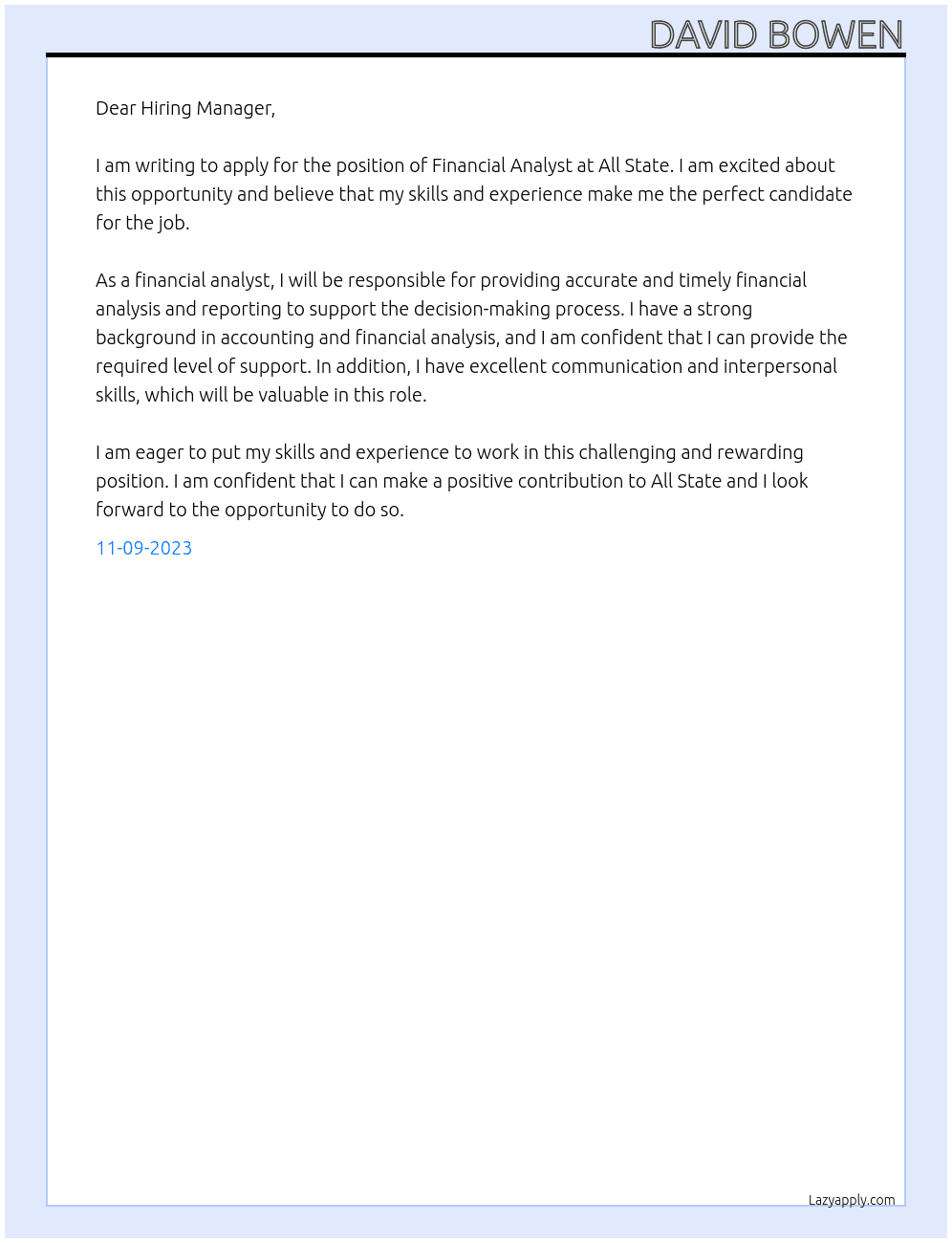 Financial Analyst At All State Cover Letter