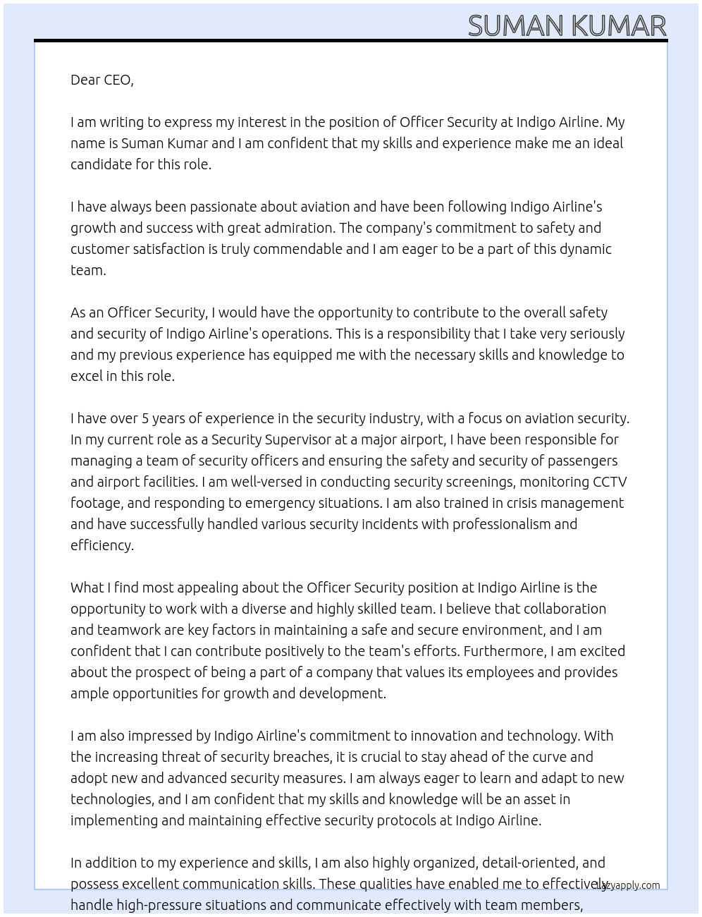 Cover letter for officer security - LazyApply