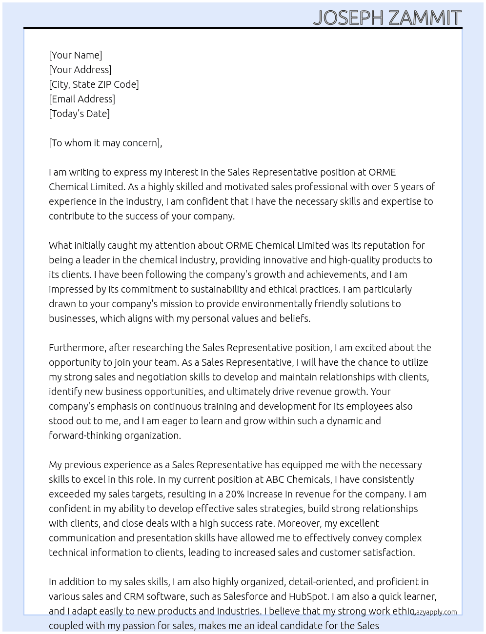 Sales Representative At ORME chemical limited Cover Letter