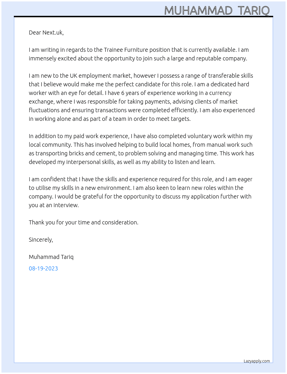 Trainee furniture  At Next.uk Cover Letter