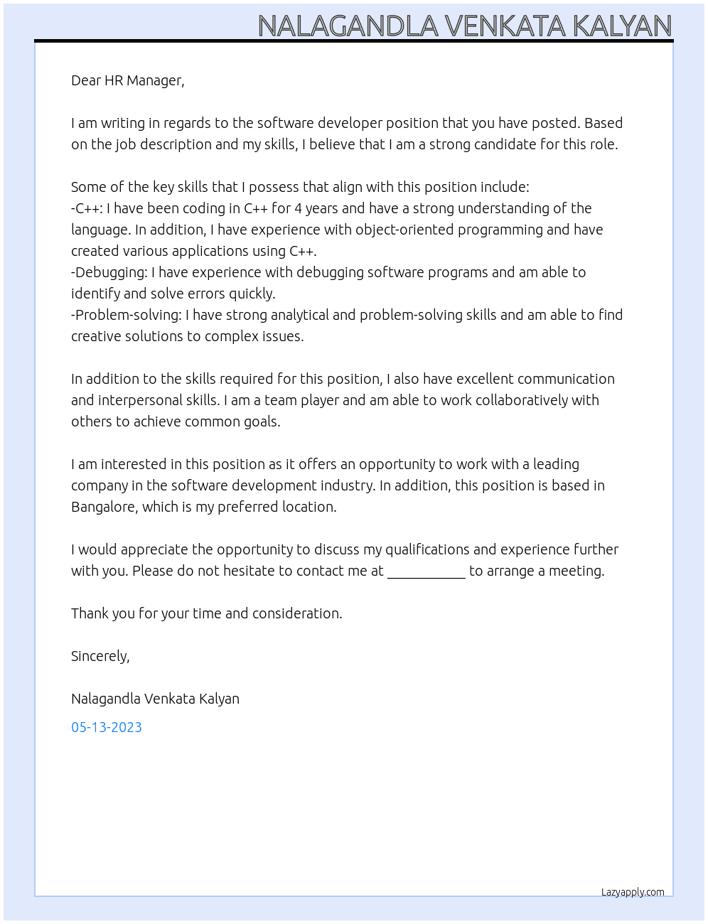 software developer At Student Cover Letter