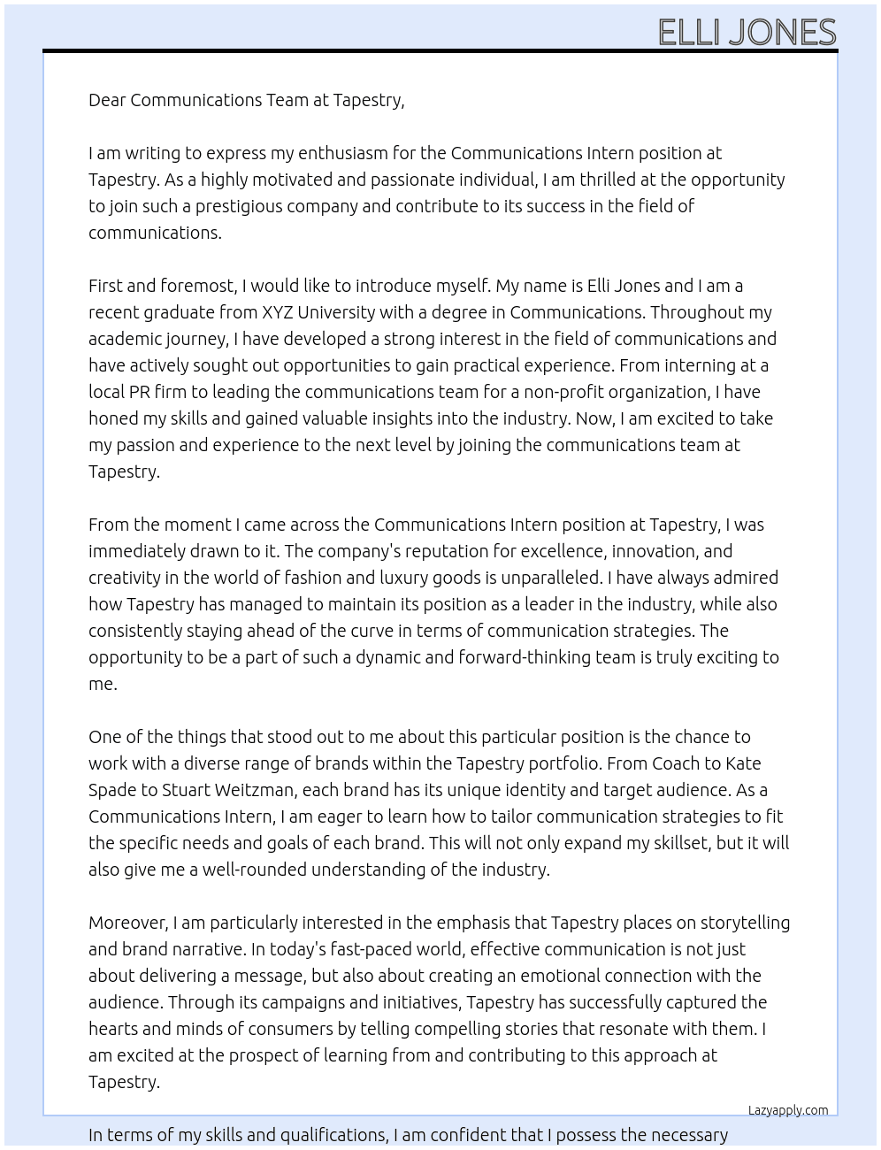 Communications Intern At Tapestry Cover Letter