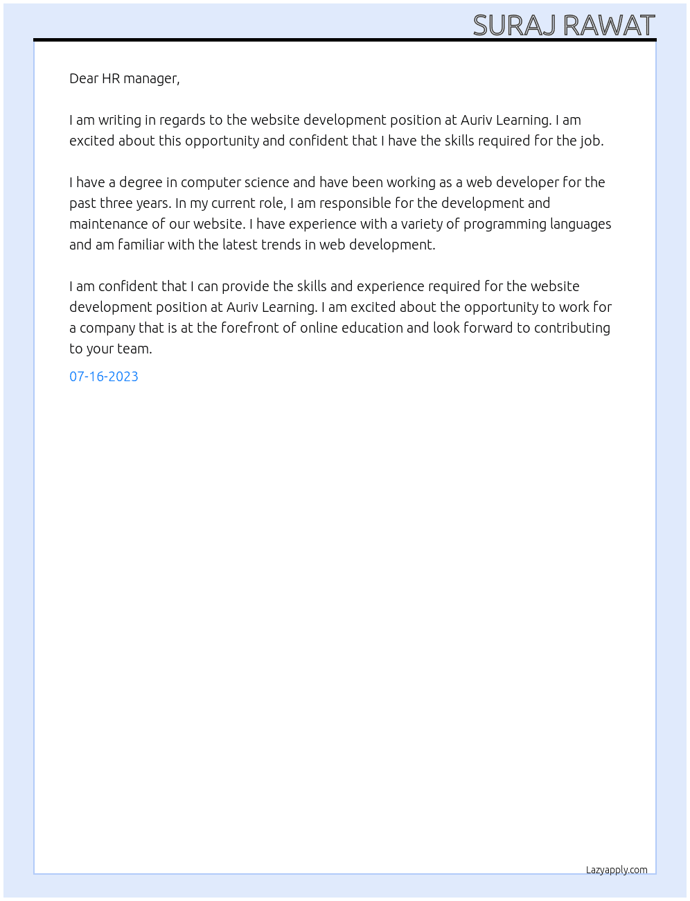 Website Development At Auriv Learning Cover Letter
