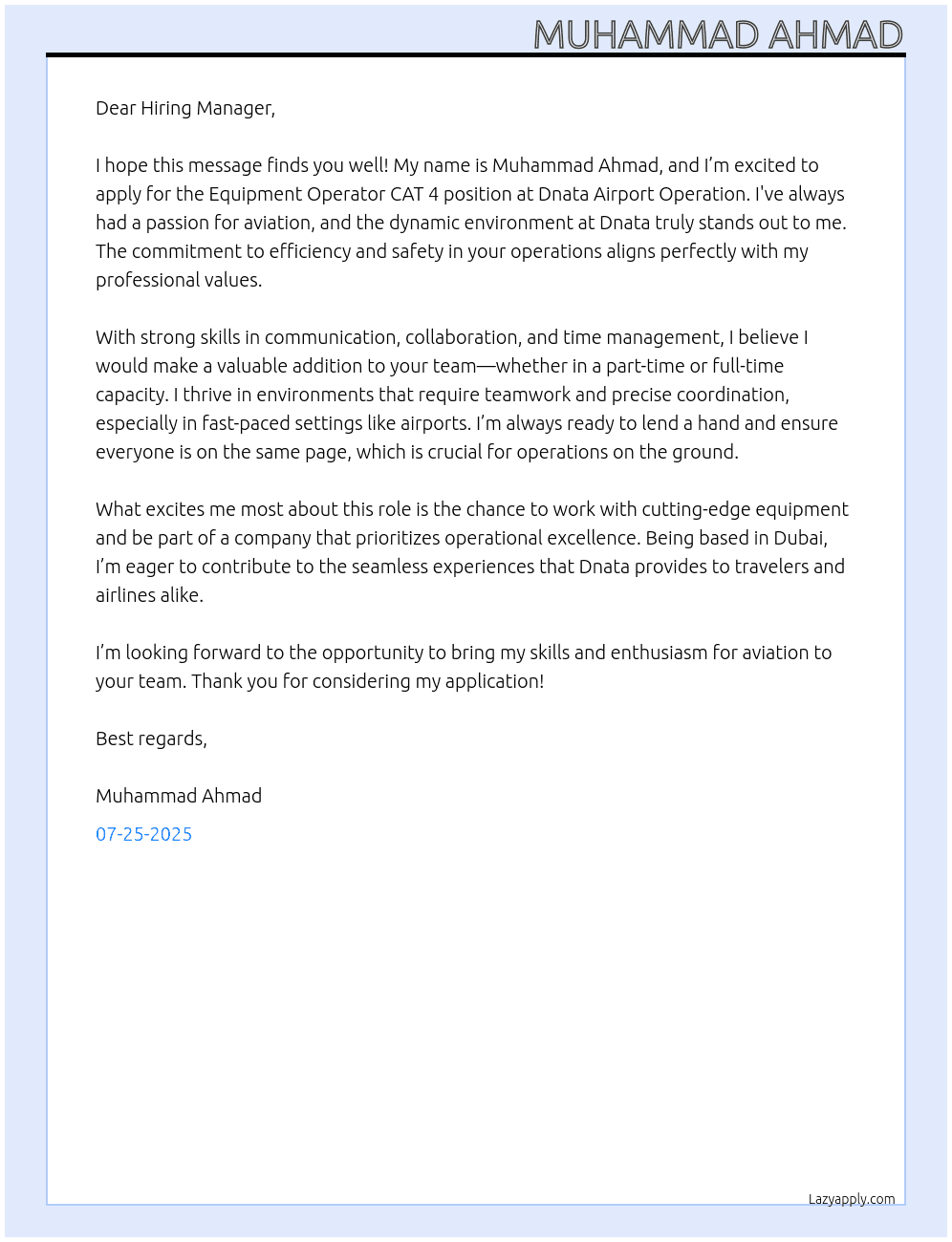 Equipment operator cat 4 At Dnata airport operation Cover Letter