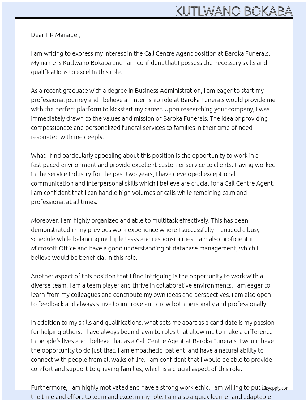Call Centre Agent At Baroka Funerals  Cover Letter