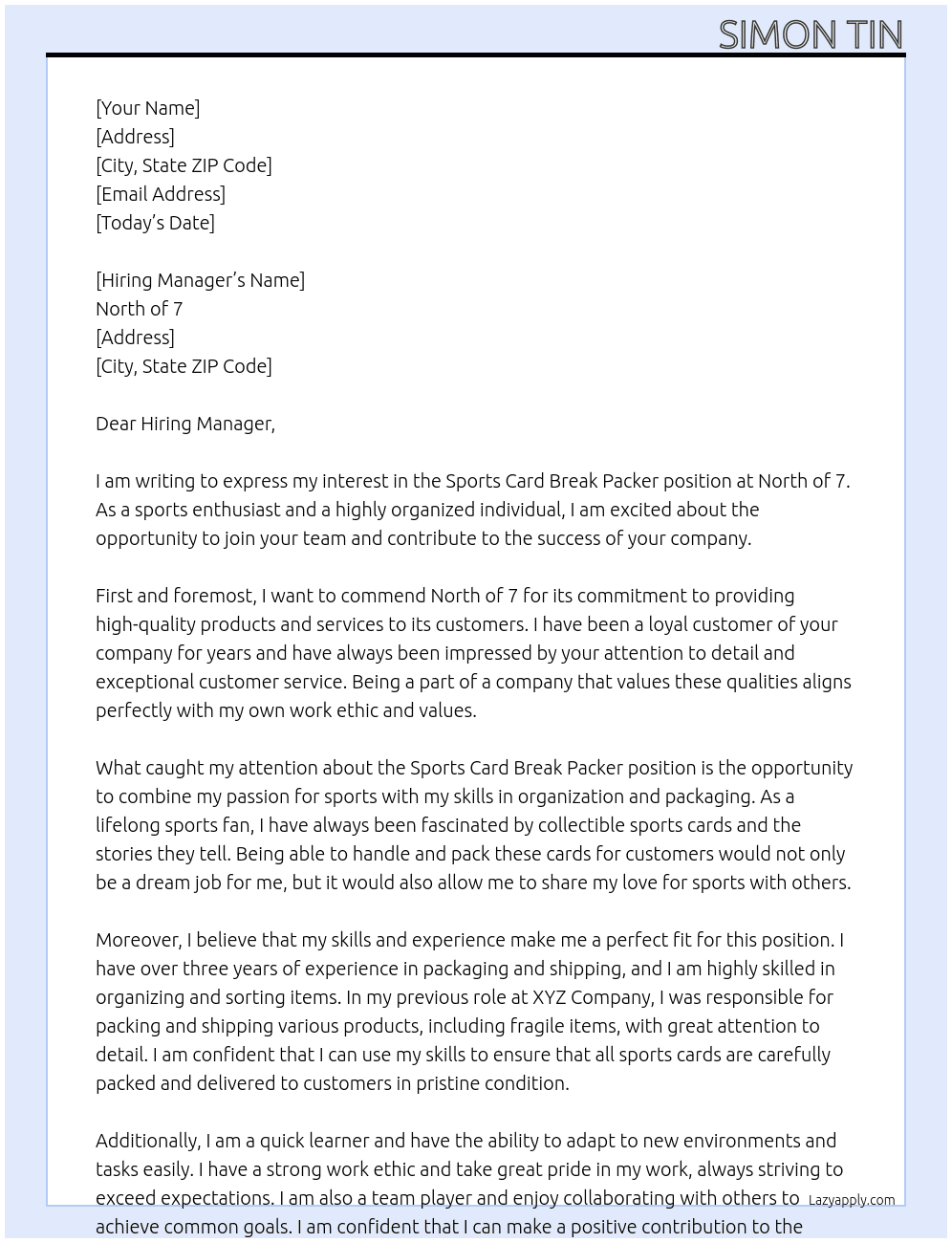 Sports Card Break Packer At North of 7 Cover Letter