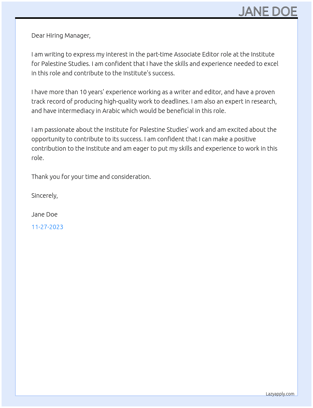 Associate Editor At Institute for Palestine Studies Cover Letter