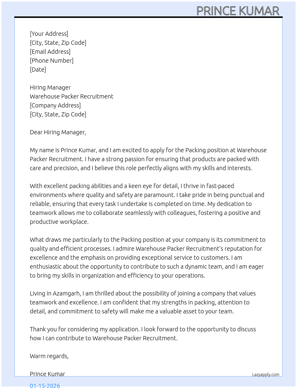 Packing  At Warehouse Packer Recruitment  Cover Letter
