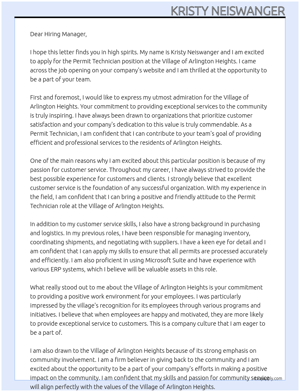 Permit Technician At Village of Arlington Heights Cover Letter