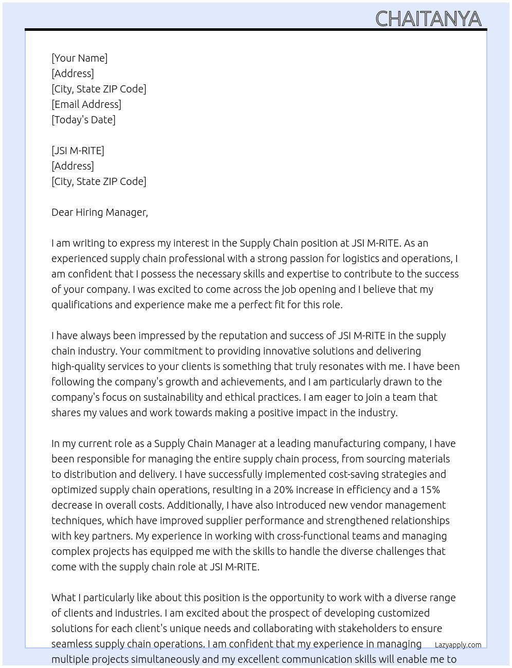 Supply chain  At JSI M-RITE Cover Letter