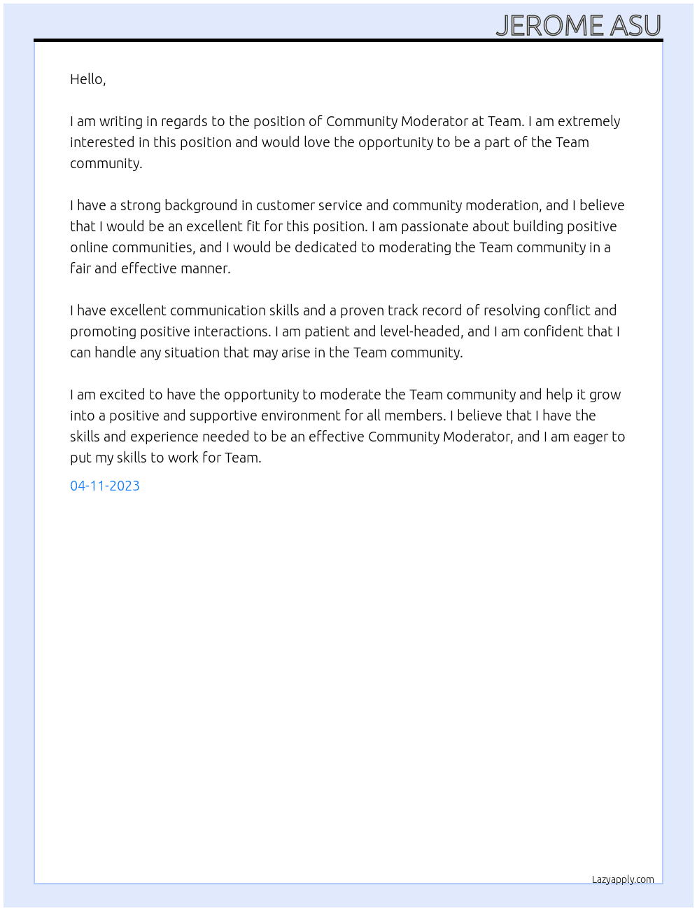 Community Moderator  At Team Cover Letter