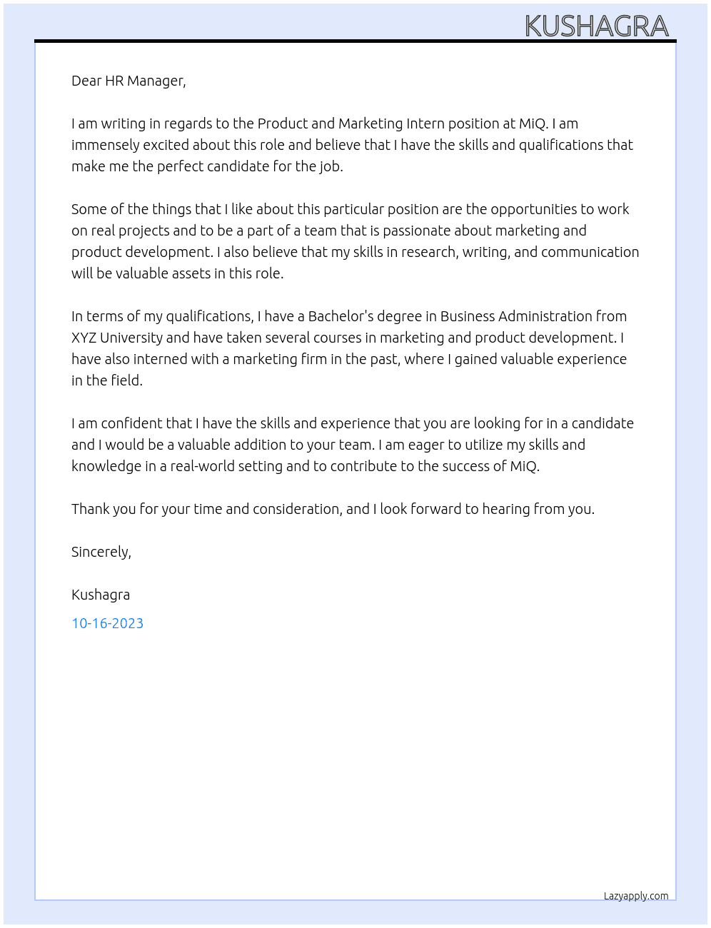 Product and Marketing Intern At MiQ Cover Letter
