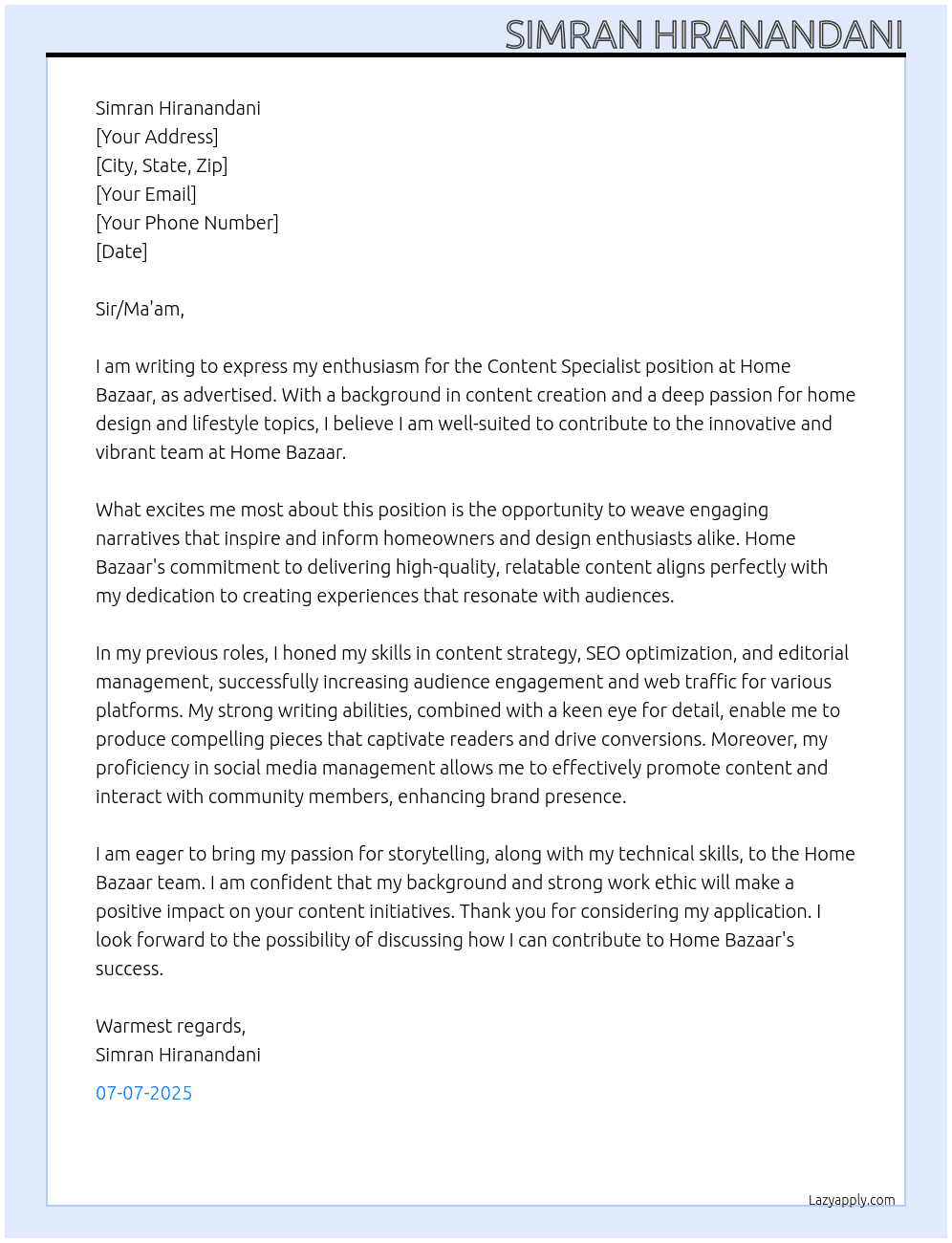 Cover letter for content specialist - LazyApply