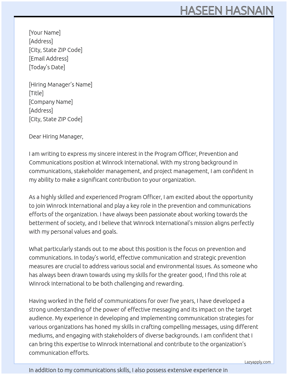 Program Officer, Prevention and Communications At Winrock International Cover Letter