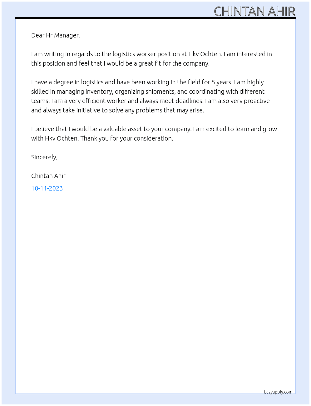 Logistics worker At Hkv Ochten Cover Letter