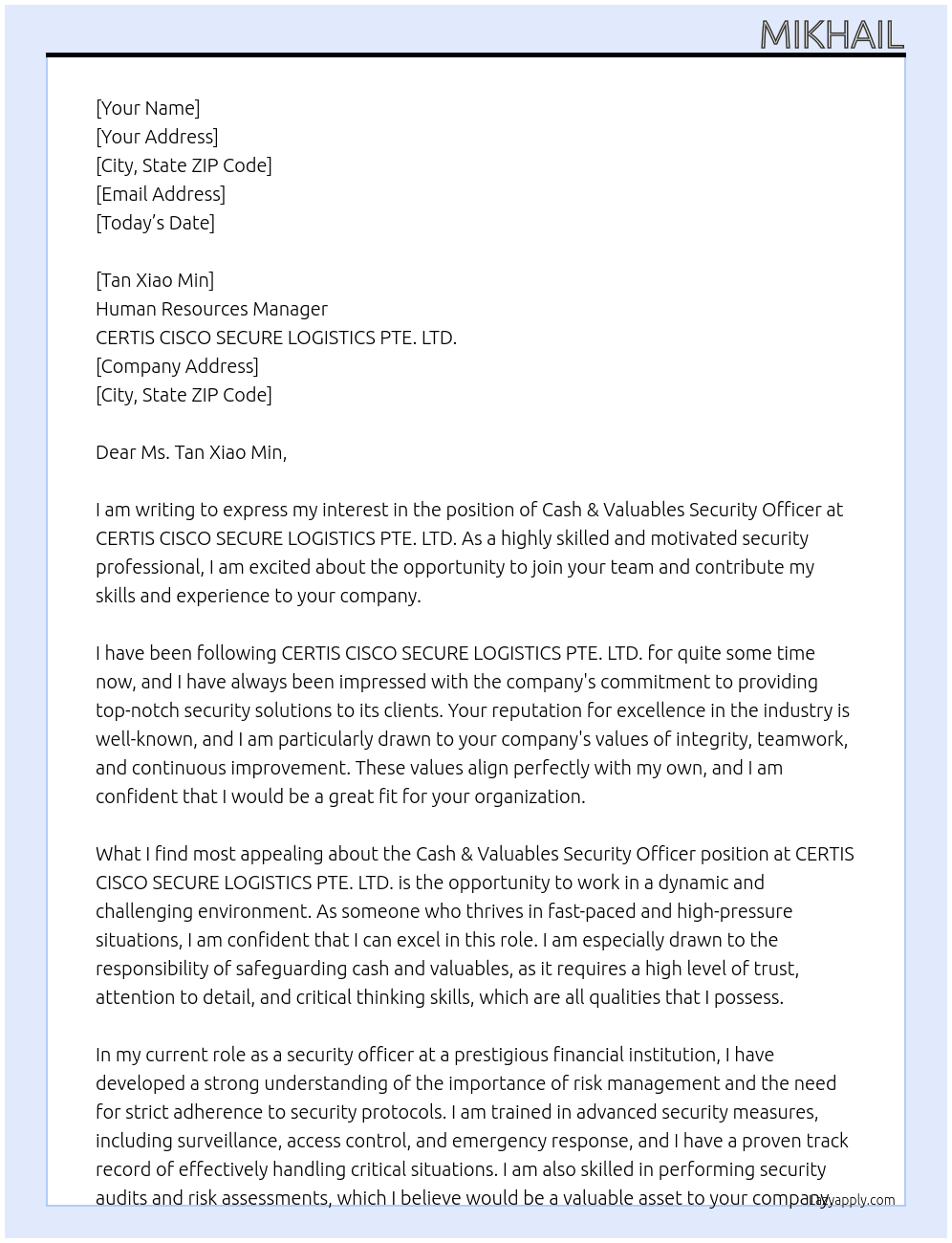 Cash & Valuables Security Officer At CERTIS CISCO SECURE LOGISTICS PTE. LTD. Cover Letter