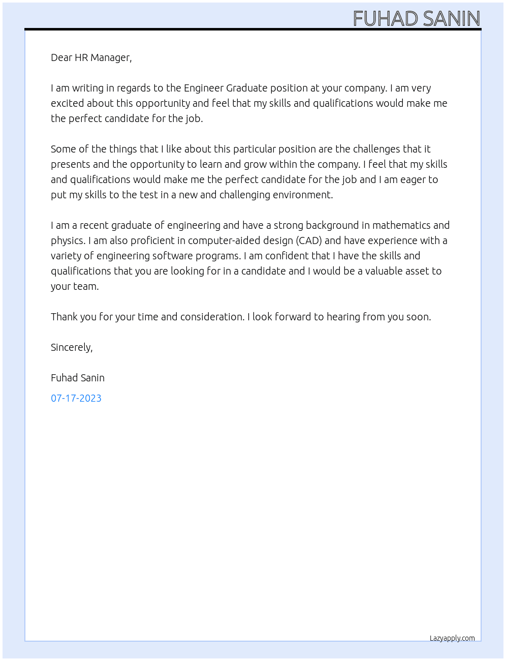Engineer Graduate At organisatiion Cover Letter