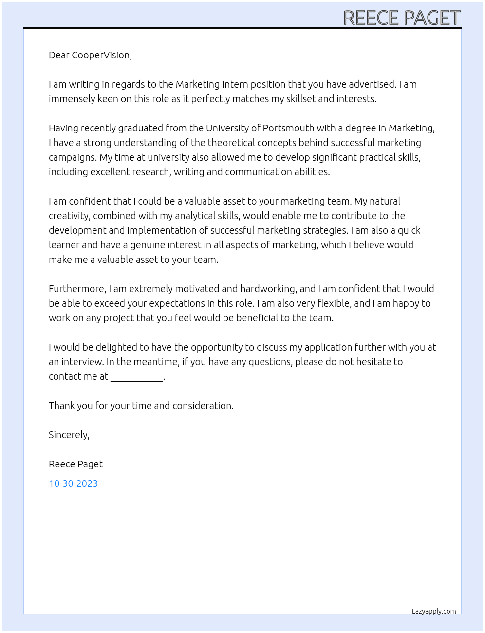 Marketing Intern At CooperVision Cover Letter
