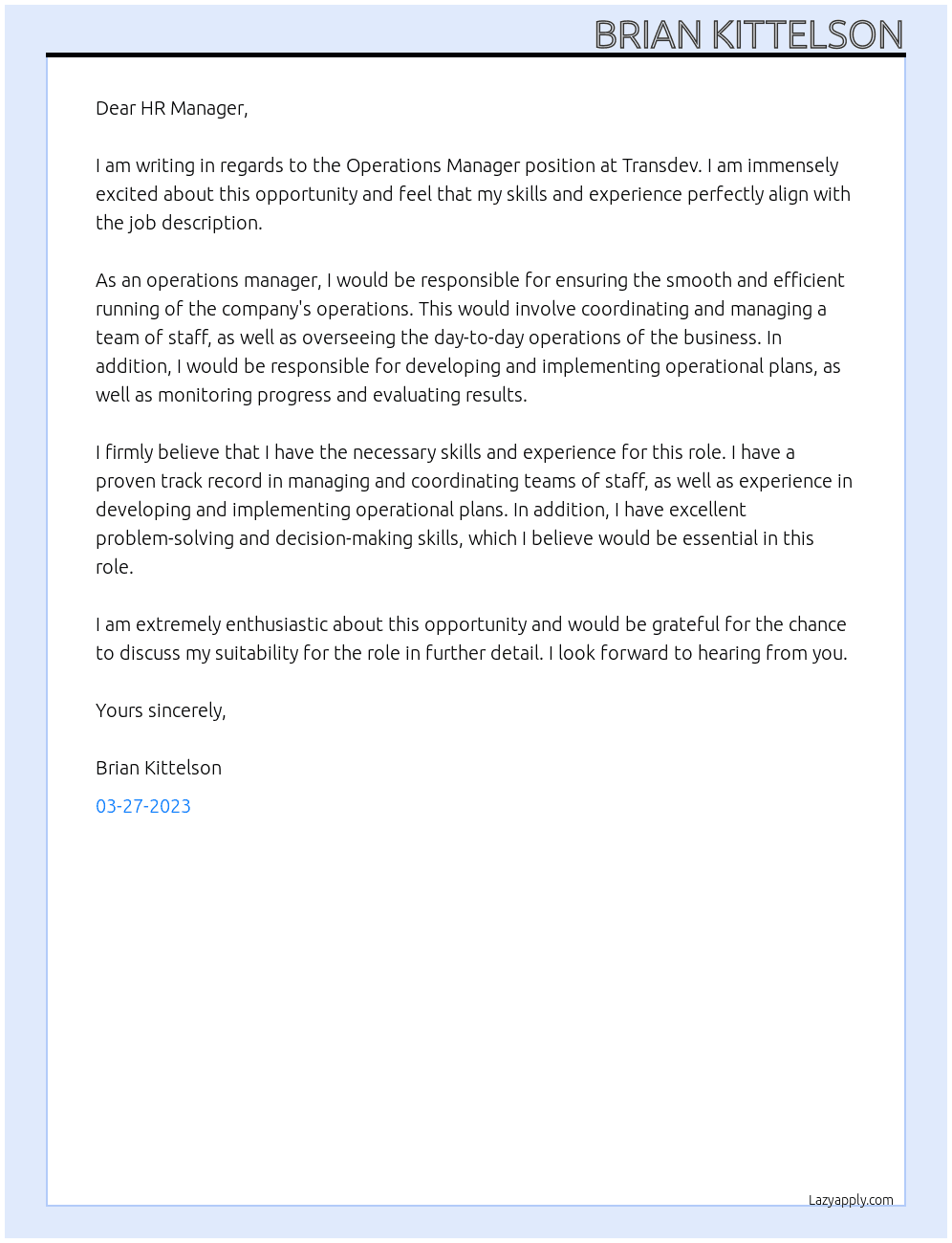 Operations Manager At Transdev Cover Letter