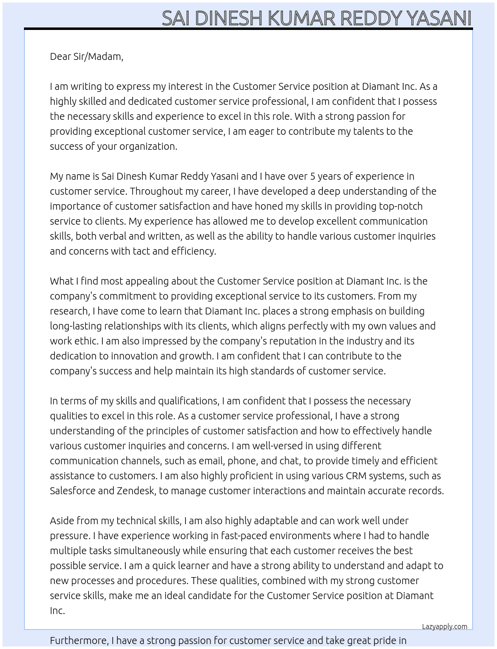 Customer service  At Diamant inc Cover Letter