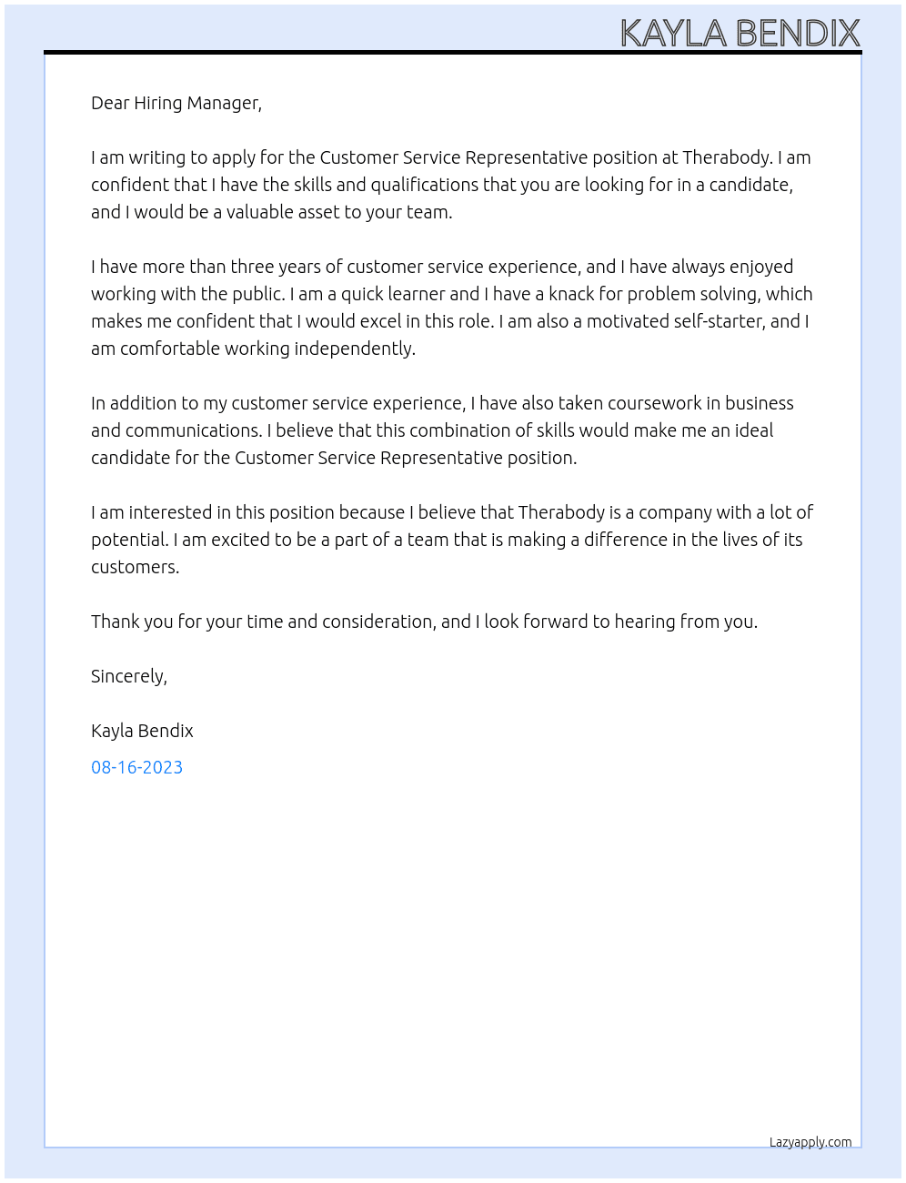 Customer Service Representative At Therabody Cover Letter