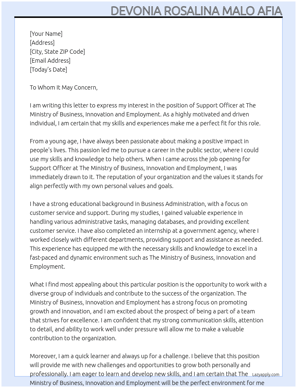 Suppoert officer At The Ministry of Business, Innovation and Employment. Cover Letter