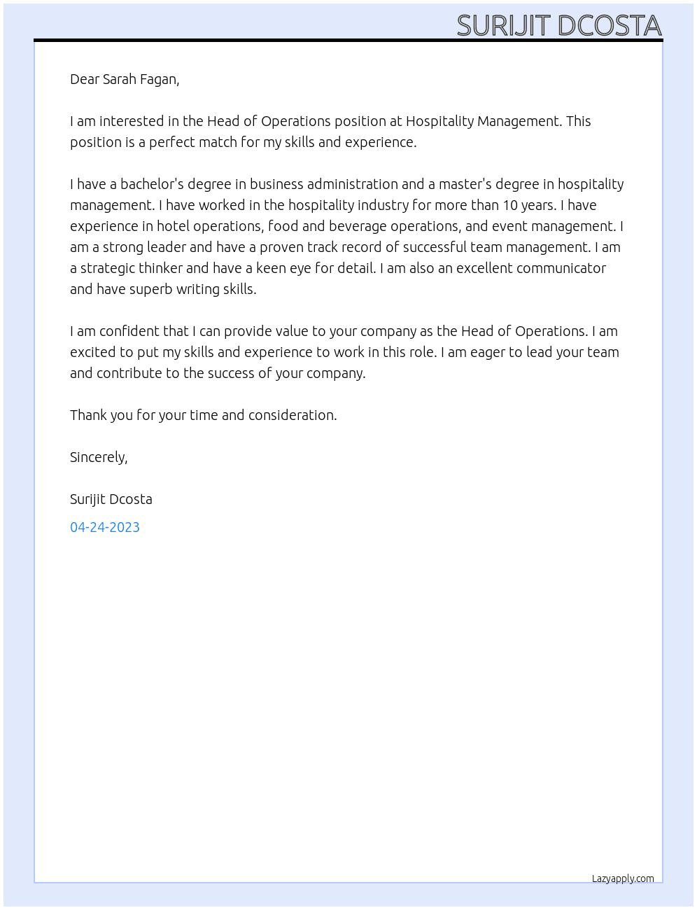 Head of Operations At Hospitality Management Cover Letter