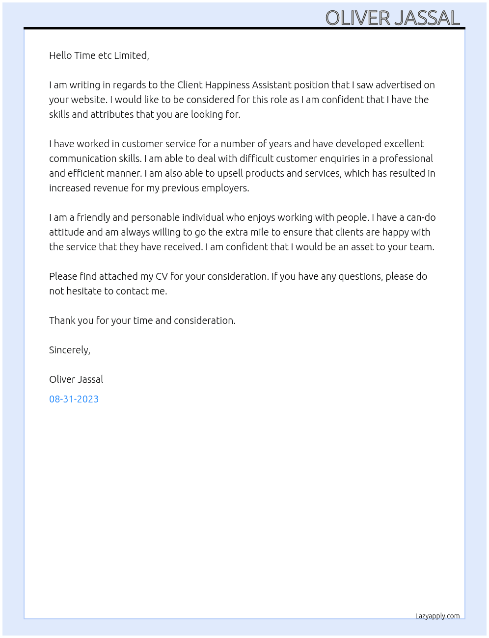 Client Happiness Assistant At Time etc Limited Cover Letter
