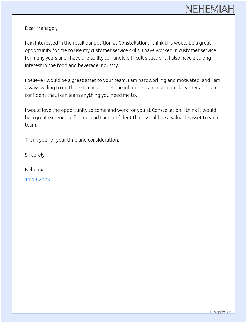 retail bar At Constellation  Cover Letter