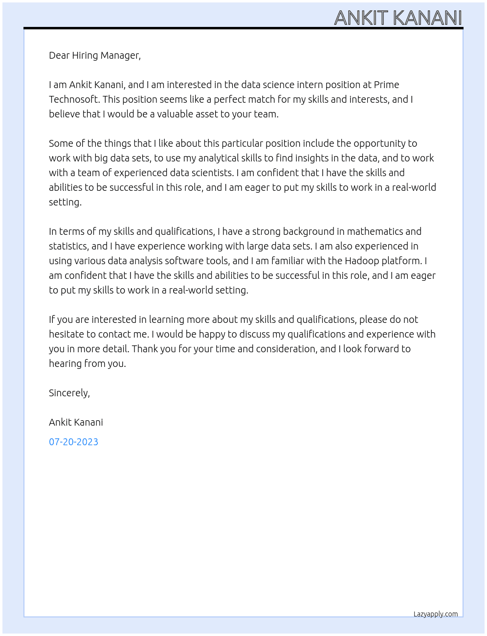data science intern At Prime Technosoft Cover Letter