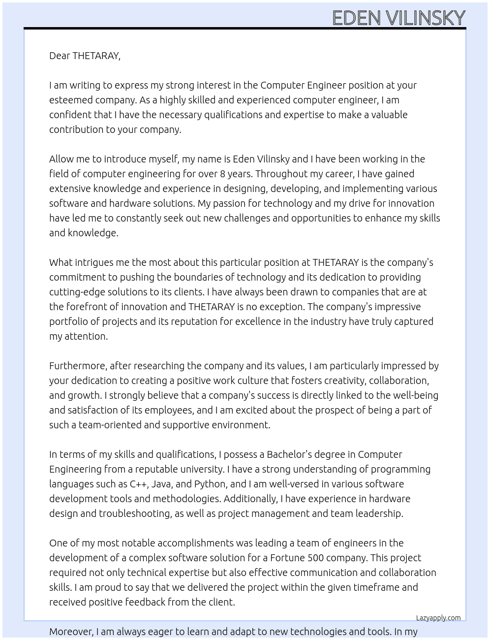 computer engineer At THETARAY Cover Letter