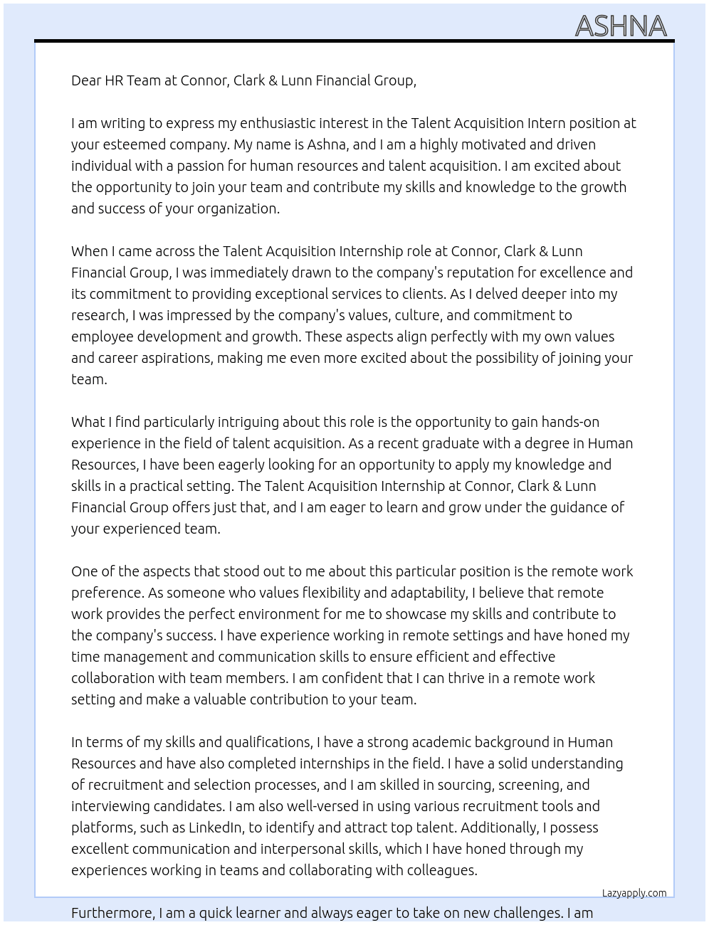 Talent Acquisition intern At Connor, Clark & Lunn Financial Group Cover Letter