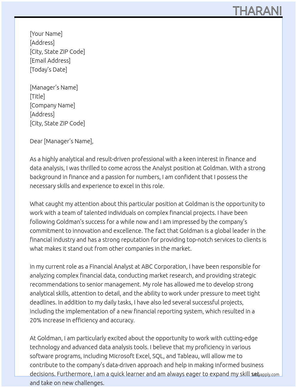 Analyst At Goldman  Cover Letter
