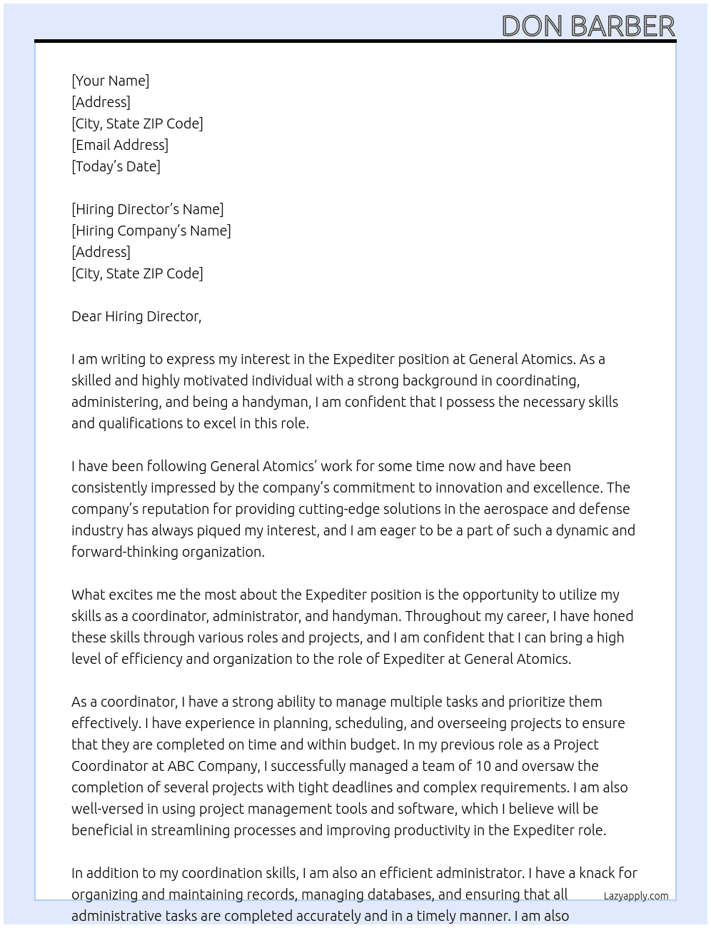 Expediter  At General Atomics Cover Letter