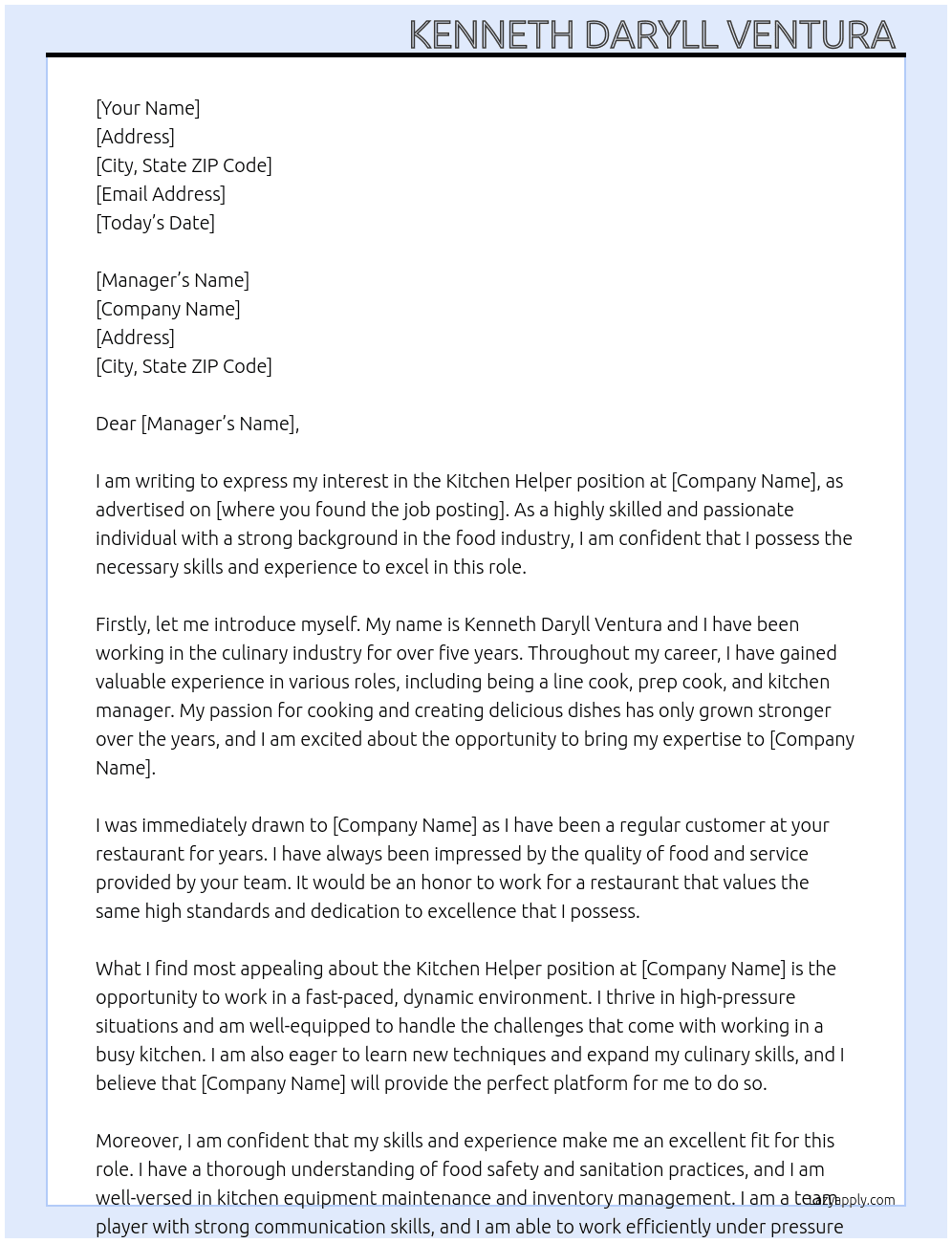 Kitchen helper  At Restaurant  Cover Letter
