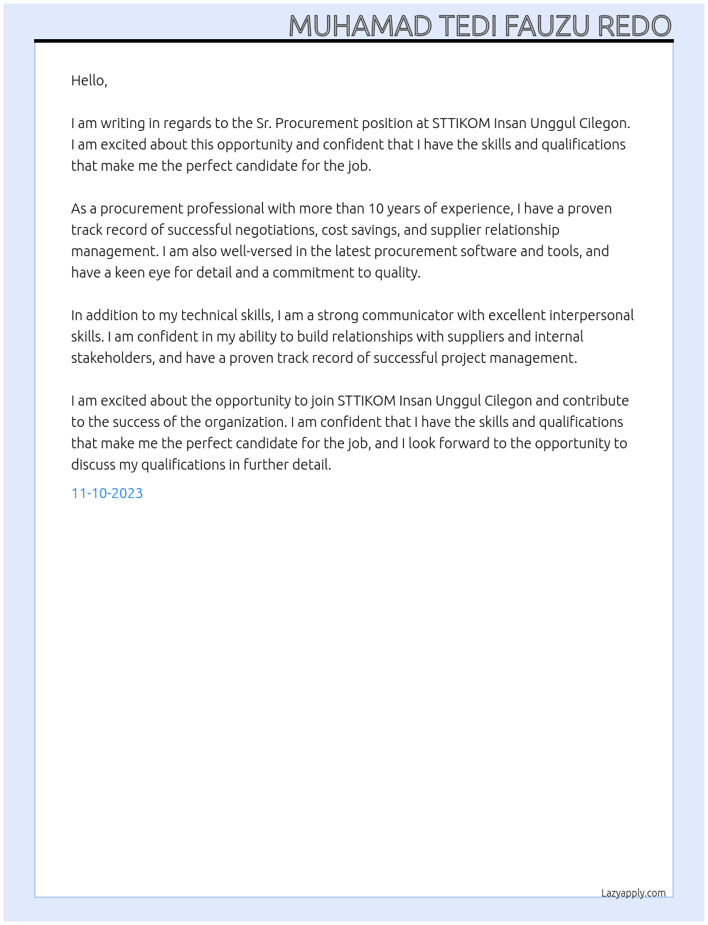 Sr. Procurement At STTIKOM Insan Unggul Cilegon Cover Letter