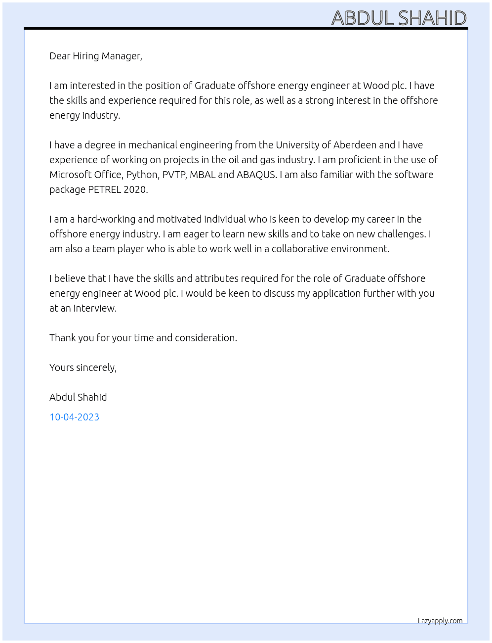 Graduate offshore energy engineer  At Wood plc Cover Letter