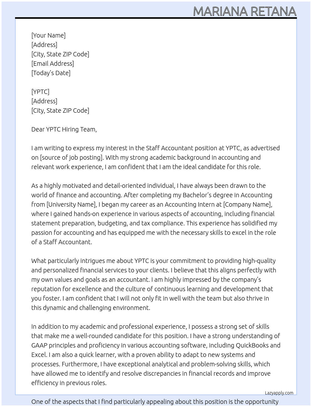 Staff Accountant At YPTC Cover Letter