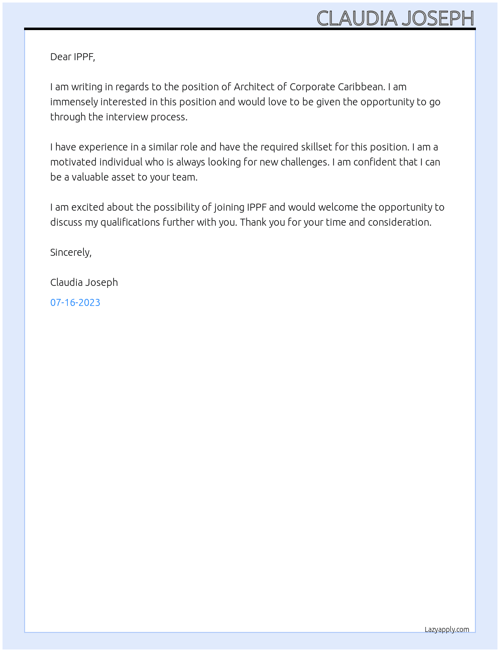 Architecht of Cooperate Caribbean At IPPF Cover Letter