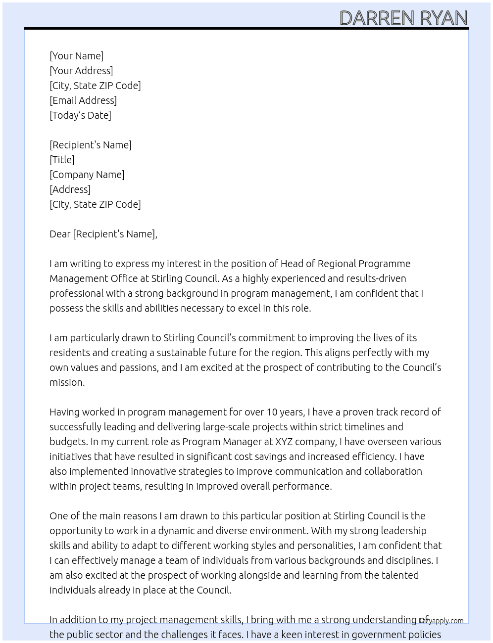Head of Regional Programme Management Office At Stirling Council Cover Letter